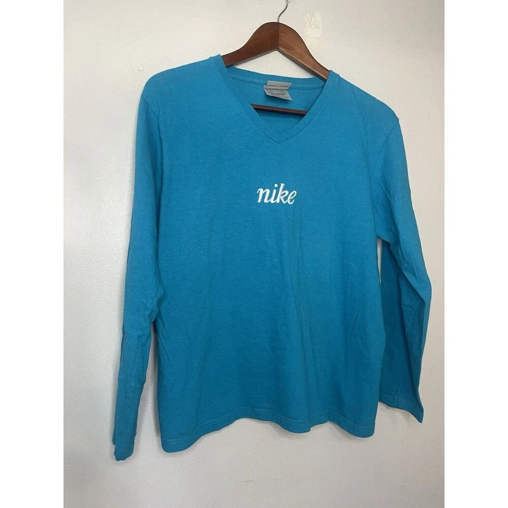 Nike Women's Medium Blue Vneck Long Sleeve Tshirt Logo Y2K Shirt